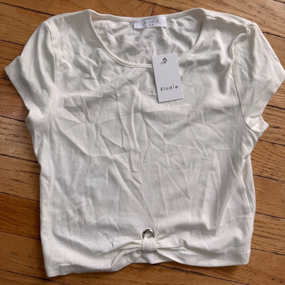 Elodie Women White Ribbed Knit ORing Front Knot Crop Top Short Sleeve Size M NEW